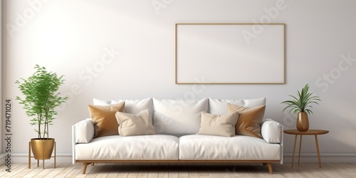 Blank horizontal poster frame mock up in minimal Scandinavian white style living room interior, modern living room interior background, white and gold photo