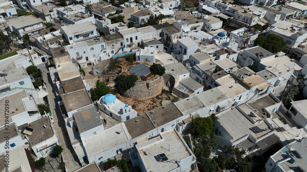Aerial drone photo of famous Venetian fortified castle of main village in Antiparos island, Cyclades, Greece Aerial drone photo of famous Venetian fortified castle of main village in Antiparos island, Cyclades, Greece