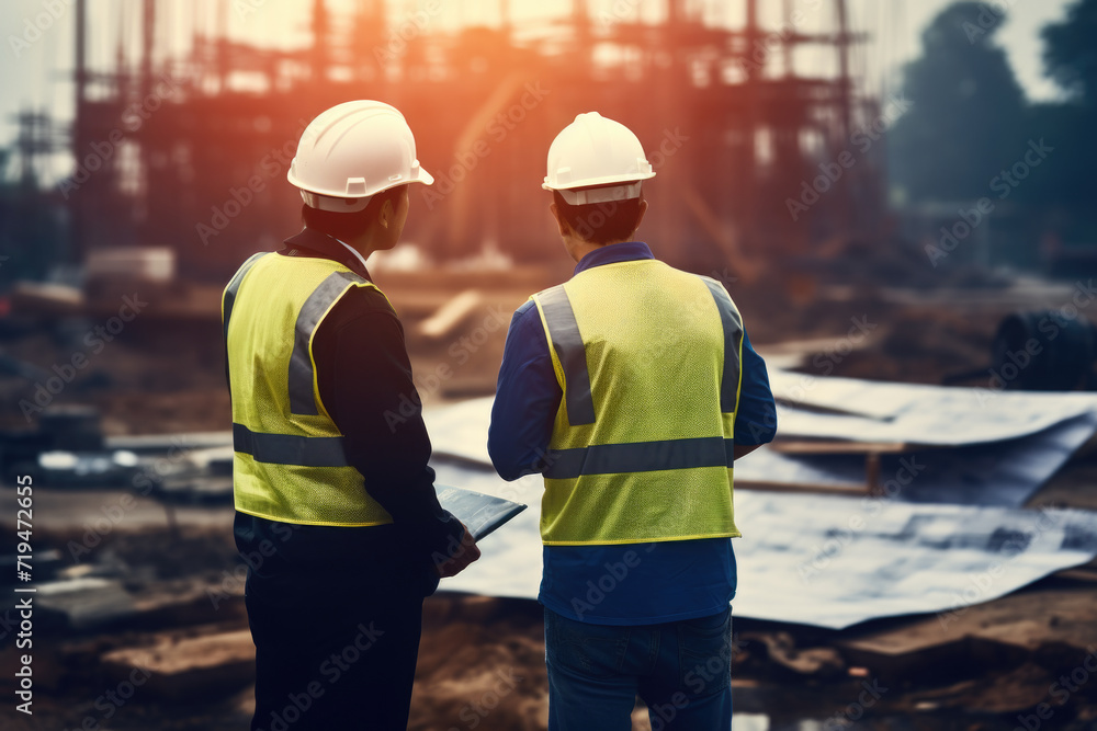 Two construction workers standing side by side. Perfect for construction industry projects or showcasing teamwork in workplace Two construction workers standing side by side. Perfect for construction industry projects or showcasing teamwork in workplace