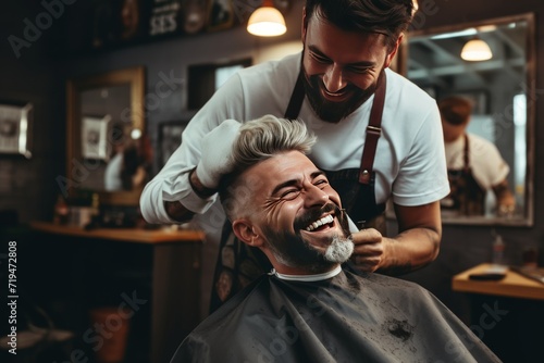 Barber sharing a joyful moment with a client during a haircut