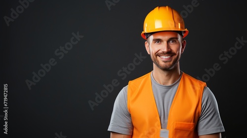 A portrait that captures the entirety of a cheerful young male builder.