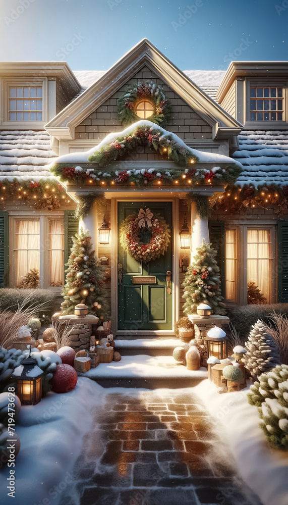 Winter Welcome: Cozy Christmas Greetings at a Snowy Doorstep