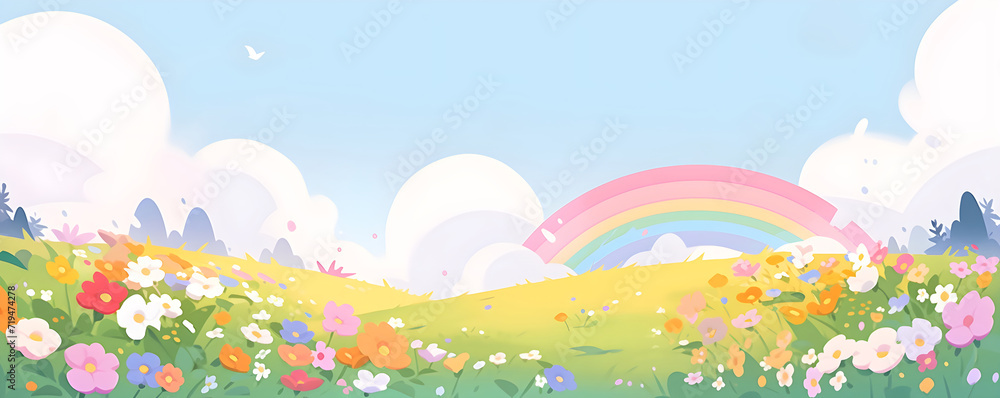 Spring meadow with flowers. Children's book illustration with a rainbow over a blooming flowers field. Panoramic flat banner with summer nature landscape with copy space. Concept design for kids room.