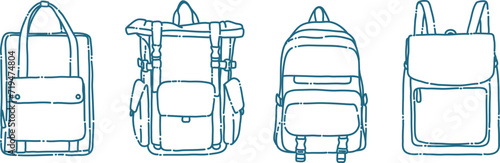 Set of backpack outline drawing vector, set of Backpack in a sketch style, trainers template outline, vector Illustration