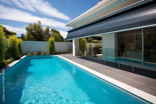 Protect and warm your pool with roller-shutter covers. Generative AI © Caledonia