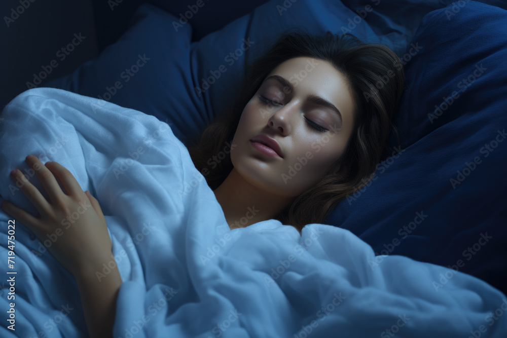 Woman peacefully laying in bed with her eyes closed. Suitable for relaxation, sleep, and bedroom concepts Woman peacefully laying in bed with her eyes closed. Suitable for relaxation, sleep, and bedroom concepts