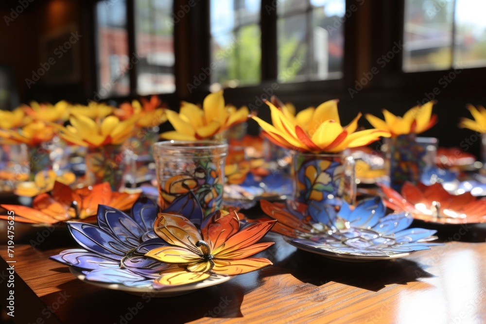 Colorful paper flowers in glasses on a sunny windowsill Colorful paper flowers in glasses on a sunny windowsill