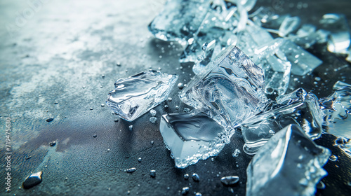 Crystal clear ice cubes shattered melting on surface with water droplets, symbolizing \'breaking the ice\' in social settings.