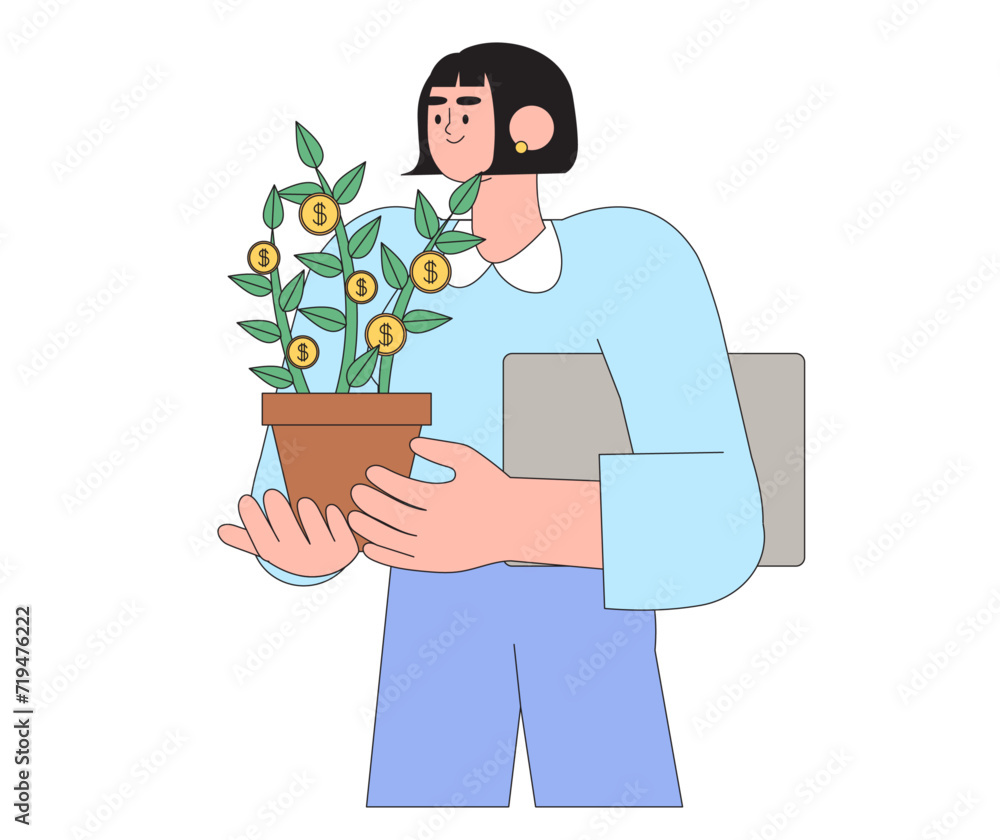 Investment illustration. Сcharacter investing money in self development, knowledge and education. Personal finance management and financial literacy concept. People plant money tree with coins. Investment illustration. Сcharacter investing money in self development, knowledge and education. Personal finance management and financial literacy concept. People plant money tree with coins.