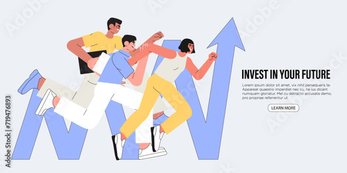 Business team walking success ladder or steps banner, web page. High potential and company developement, growth. Concept of business success, leadership, innovation. Characters follow growing arrow.