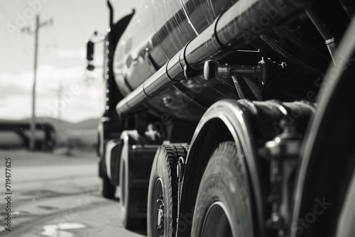 A black and white photo of a tanker truck. Suitable for various industrial and transportation themes