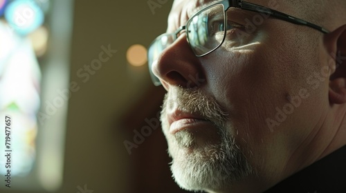 A man with glasses and a beard looking off into the distance. Can be used to portray thoughtfulness or contemplation photo