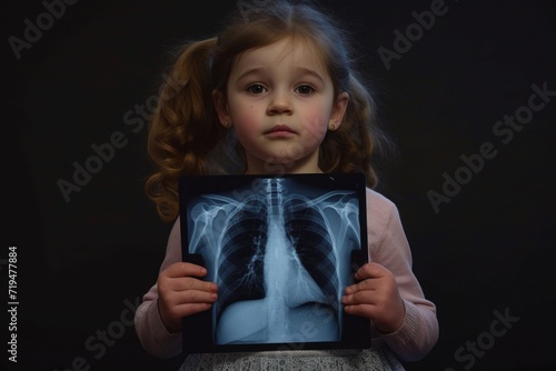 A little girl holds up an x-ray picture. This image can be used to illustrate medical diagnostics or healthcare concepts