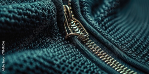 A detailed close-up of a zipper on a sweater. Perfect for fashion or textile-related projects photo