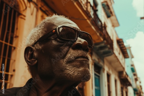 A man wearing sunglasses standing in front of a building. Suitable for business, urban lifestyle, or travel concepts