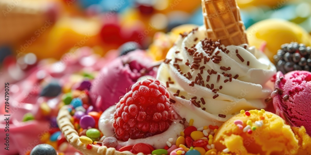 A close up view of a bowl filled with delicious ice cream and fresh fruit. Perfect for food and dessert related projects