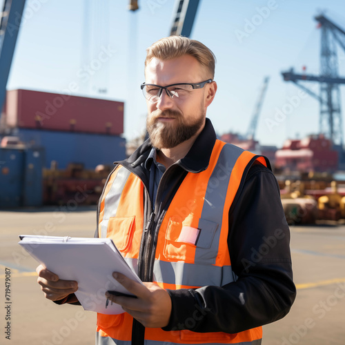 Caucasian male foreman inspecting containers at the port.