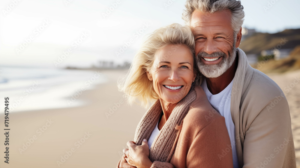 Obraz premium Elderly Caucasian couple hugging on the beach.