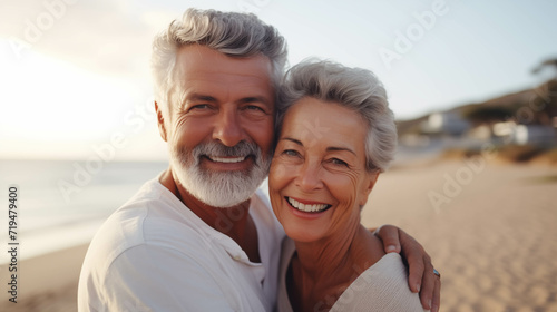 Elderly Caucasian couple hugging on the beach.