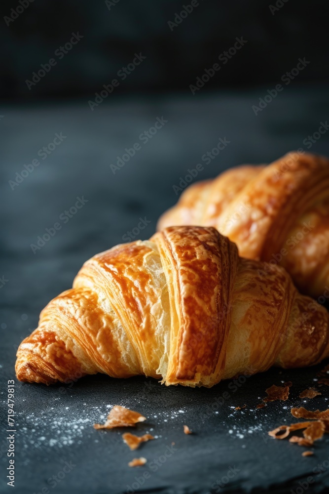 A couple of croissants sitting on top of a table. Perfect for food and bakery-related designs