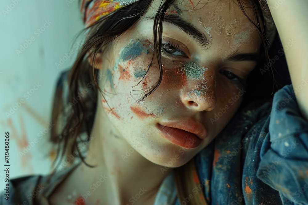 A woman with paint covering her entire face. This image can be used for artistic projects or to depict creativity and self-expression