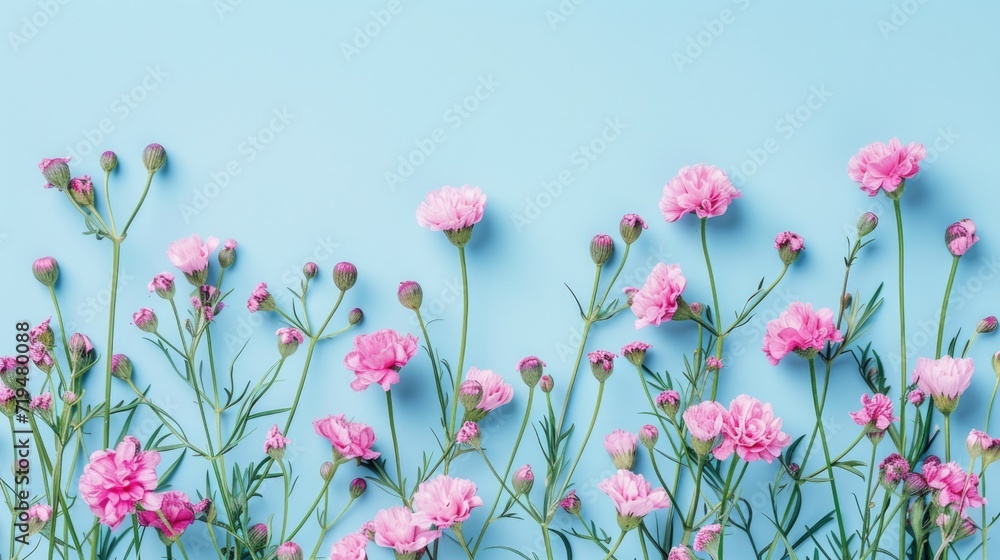 Pink carnations arranged against a vibrant blue background. Suitable for floral designs and backgrounds