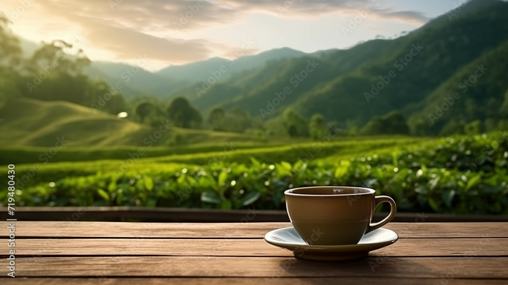 Tea cup placed on a wooden table, tea plantation background. Tea cup placed on a wooden table, tea plantation background.