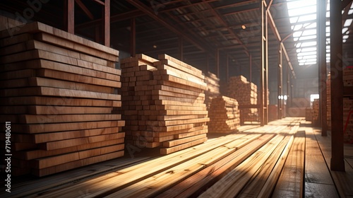 wooden planks at a lumber warehouse  showcasing the intricate details and textures. The background feature an array of boards to convey the warehouse environment.