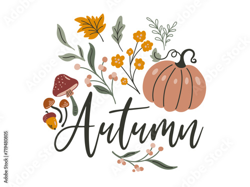 Autumn Fall Pumpkin and Botanicals Vector Card Background