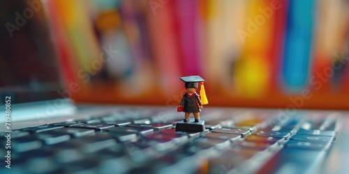 A small figurine sitting on top of a computer keyboard. Perfect for illustrating the concept of technology and creativity.