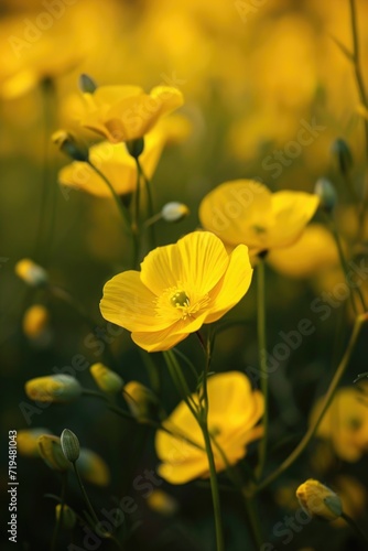 A beautiful field of yellow flowers illuminated by the sun. Perfect for nature enthusiasts and springtime-themed designs