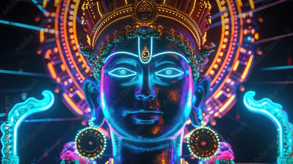Fototapeta premium A detailed close up of a statue illuminated by neon lights. Perfect for adding a modern and vibrant touch to any project