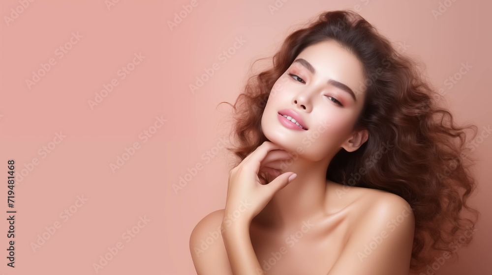 Young Caucasian woman with curly hair on pink background. Young Caucasian woman with curly hair on pink background.