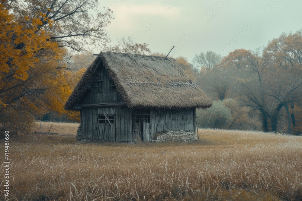 Fototapeta premium An old barn in a field with trees in the background. Perfect for rustic or countryside themed projects