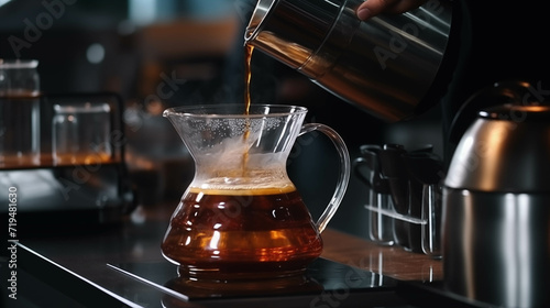 Closeup of making drip coffee in a coffee shop.