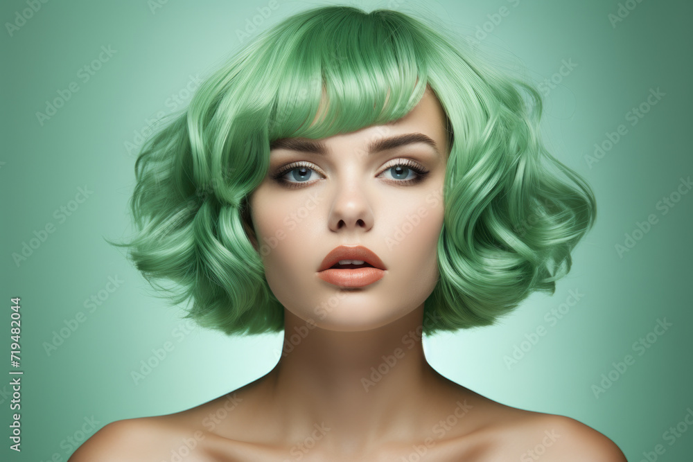 Woman with vibrant green hair stands against solid green background. This image can be used for various creative projects and designs