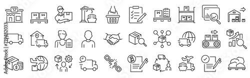 supply chain line web icons. Value chain, logistic, delivery, manufacturing, commerce. Outline icon collection. Vector illustration. Editable stroke