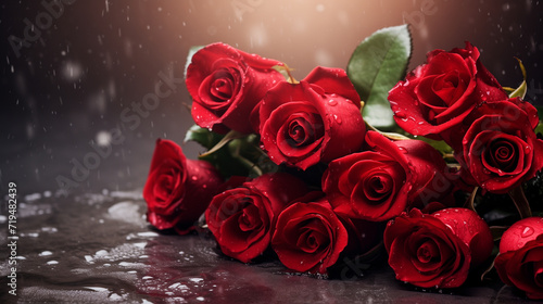 Valentines day background with red roses and petals on dark background