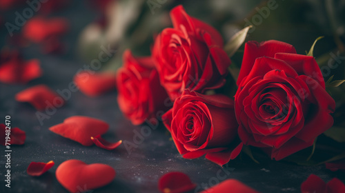 Red roses with water drops on black background. Valentines day concept.