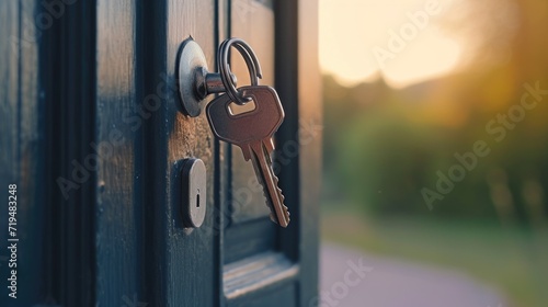 A detailed close-up of a door with a bunch of keys attached. Perfect for illustrating concepts related to security, access, and home protection. photo