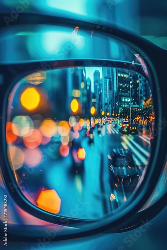 A glimpse of the cityscape captured through a car's side mirror. Perfect for illustrating urban transportation and the hustle and bustle of city life