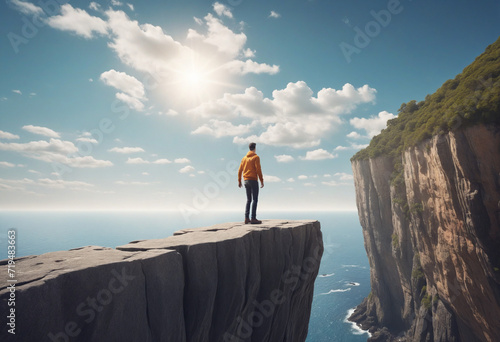 Edge of Dunning-Kruger Abyss  - Illustration could show a person teetering on the brink of a vast chasm, convinced of their invincibility despite the looming risk.