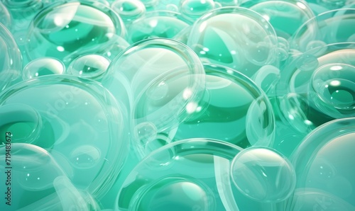 Abstract background with green and blue fluid glass bubbles.