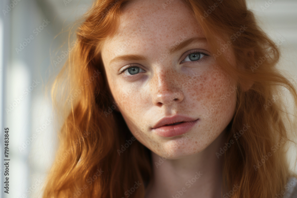 Close-up shot of woman with freckles on her face. Can be used to showcase natural beauty or for skincare-related content Close-up shot of woman with freckles on her face. Can be used to showcase natural beauty or for skincare-related content