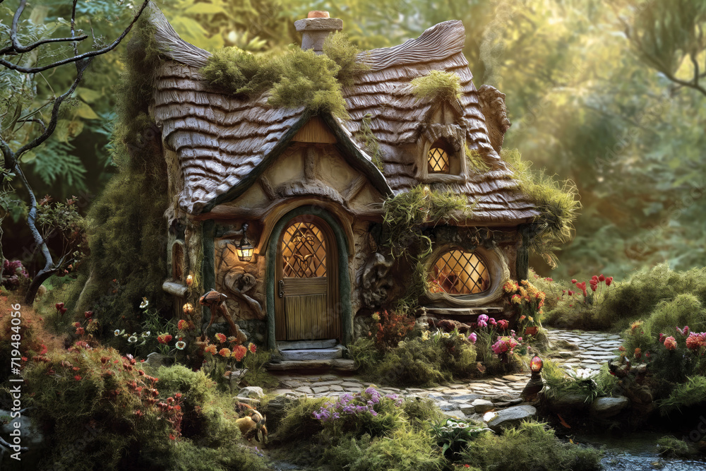 A quaint cottage nestled in a lush, enchanted forest. The cottage, with its thatched roof and ivy-covered stone walls, features a charming wooden door and small, leaded glass windows.