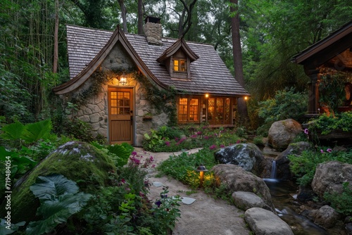 A quaint cottage nestled in a lush, enchanted forest. The cottage, with its thatched roof and ivy-covered stone walls, features a charming wooden door and small, leaded glass windows.