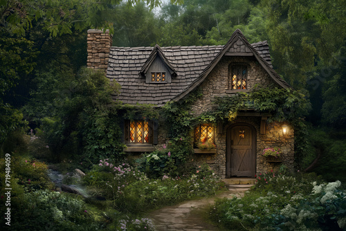 A quaint cottage nestled in a lush, enchanted forest. The cottage, with its thatched roof and ivy-covered stone walls, features a charming wooden door and small, leaded glass windows.