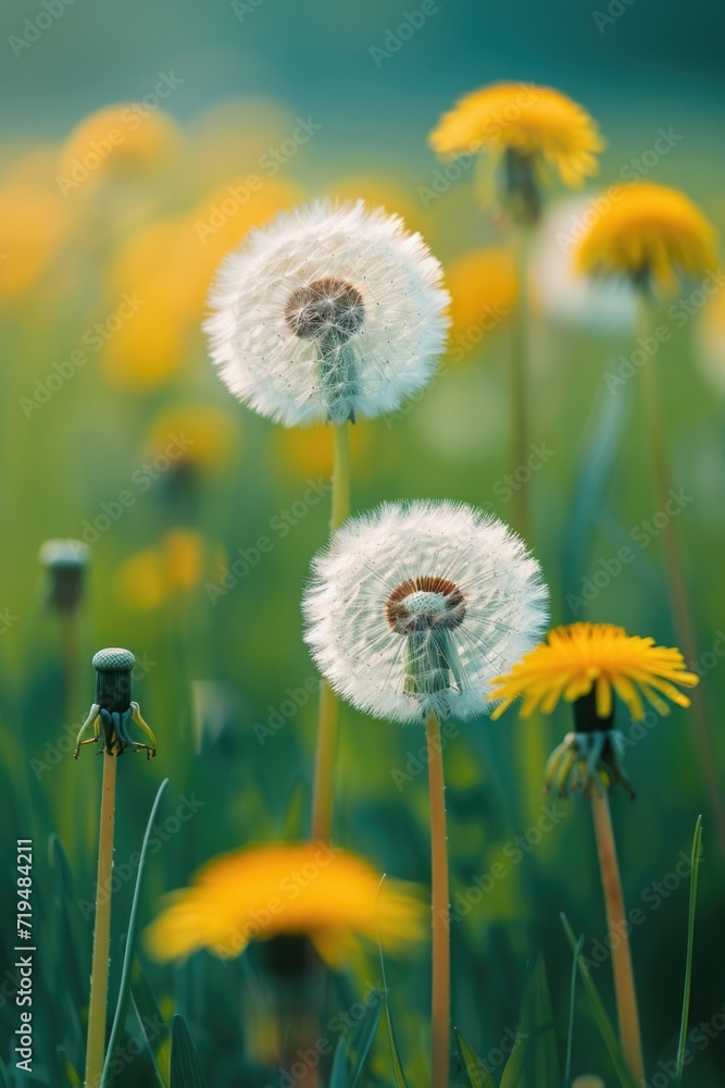 A field full of yellow dandelions with a blurry background. Perfect for nature and spring-themed designs