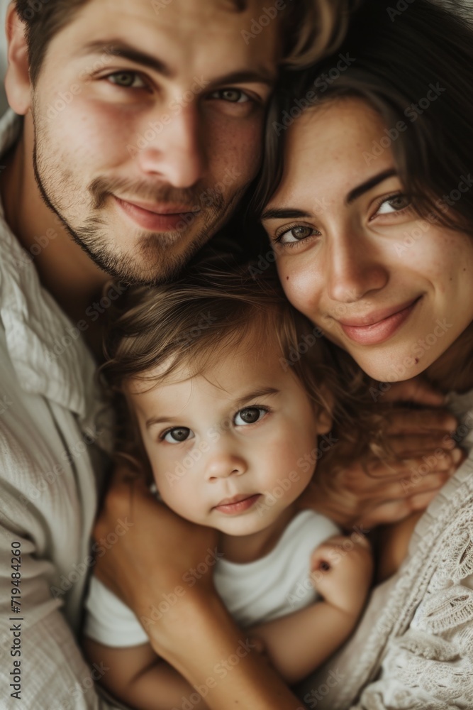 A picture of a man and a woman holding a small child. Suitable for family, parenting, and childcare themes