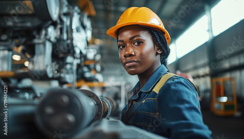 Professional heavy Industry female worker using industrial machine photo